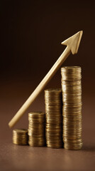 Stacked Coins Representing Financial Growth with Rising Arrow on a Brown Background