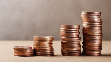 Stacks of Copper Coins on a Neutral Background Symbolizing Wealth Accumulation and Financial Growth