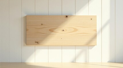 Sunlit Wooden Plank Against White Paneling, Ideal for Rustic Product Display or Minimalist Design Presentation