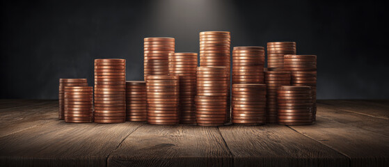 Stacks Of Copper Coins Representing Wealth And Financial Abundance In A Dark Environment