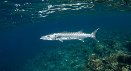 Naklejka premium Great Barracuda swimming gracefully in clear blue ocean water above a vibrant coral reef