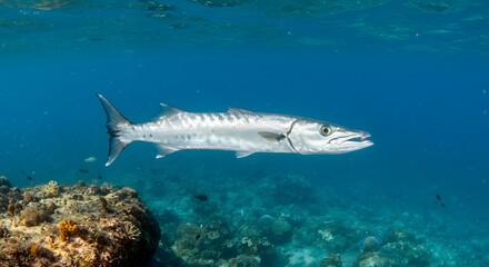Fototapeta premium Sleek silver fish swimming in clear blue tropical ocean over coral reef