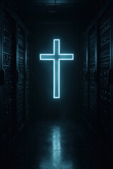 Naklejka premium High-tech hallway with radiant Christian crossSpiritual light in a dark digital environment