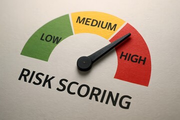 Risk scoring gauge high medium low indicator assessment evaluation measurement analysis pointer level scale 100