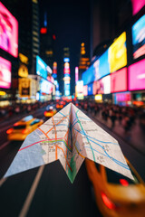 Paper airplane made of subway map flying over Times Square

Travel concept with map plane and city lights at night