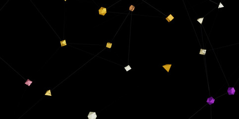Colorful 3D shapes connected by lines, ideal for technology, network, or connection concepts.