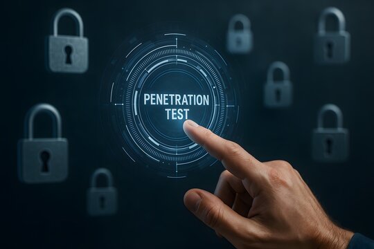 A hand points towards a digital interface indicating a penetration test, surrounded by padlocks, a visual metaphor for cybersecurity measures and data protection.