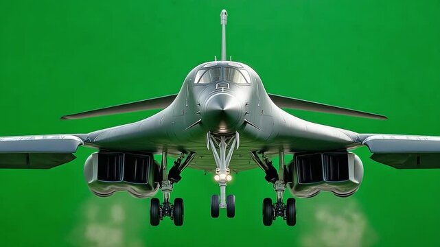B-1B Lancer on Green Screen: A powerful B-1B Lancer bomber is captured in a dramatic front-on shot against a vibrant green screen. The aircraft's imposing size and intricate details are showcased.