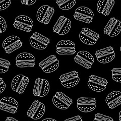 Burger hand drawn seamless pattern. Drawn burger background. Doodle hand drawn hamburger illustration.