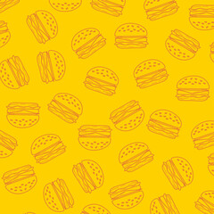 Burger hand drawn seamless pattern. Drawn burger background. Doodle hand drawn hamburger illustration.