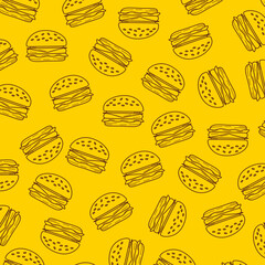  Burger hand drawn seamless pattern. Drawn burger background. Doodle hand drawn hamburger illustration.