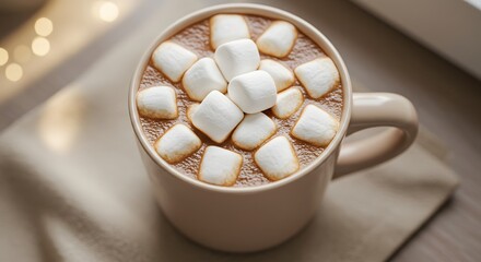 Cup of hot chocolate with floating marshmallows on linen napkin and soft background