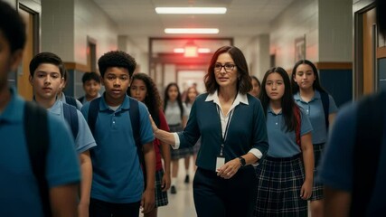 Safety exercise in school hallway with teacher coordinating student movement during alarm.