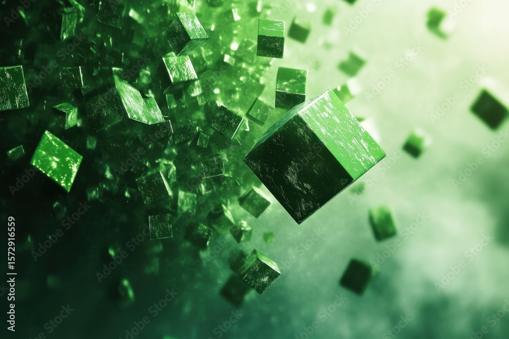 Poster Dynamic movement of green cubes creating an abstract visual experience in motion graphics, Green cubes appear fast Abstract motion graphics Seamless 3D render