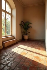Sunlit Room with Indoor Plant and Tile Floor