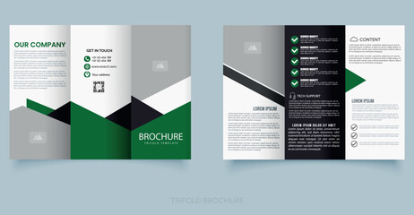 Modern trifold brochure template with geometric design in green and black colors. Ideal for corporate services, business presentations, or IT company marketing materials.