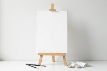 Blank Canvas on Easel Ready for Artistic Expression with Paint and Brushes