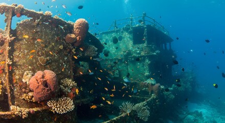 Fototapeta premium Scuba diver exploring an ancient shipwreck covered in vibrant coral reefs and marine life
