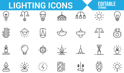 Set of Lighting and Lamp Icons for Brightness, Illumination, and Energy Design