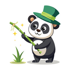 Adorable Vector Panda Magician Wearing Hat Pulls Bamboo Instead of Rabbit – Cute Magical Cartoon Illustration on White Background for Posters, Cards, and Kids Designs
