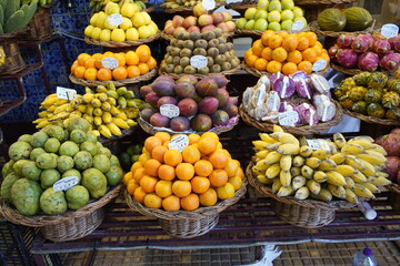 Tropical fruits growing on the island of Madeira in Portugal. Madeira, Portugal.