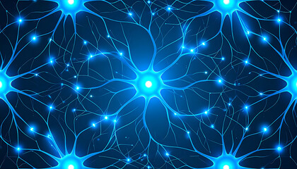 Neural network pattern with glowing blue connections and firefly like lights creating seamless circuit effect in dark background
