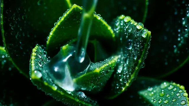 Water droplet falling on green leaf close-up - Powered by Adobe