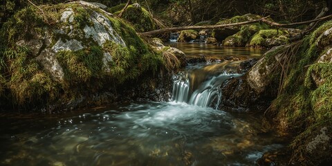A small waterfall cascading over moss covered rocks in a lush green forest environment setting outdoors