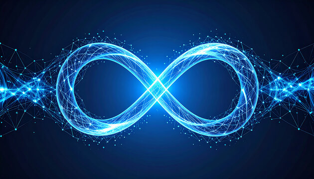 Infinity symbol glowing with blue neuron links and tech filaments, representing endless digital connection and futuristic network energy