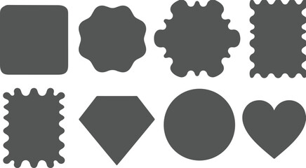 Collection of eight diverse dark grey geometric and decorative shapes with rounded edges and wavy borders on a white background