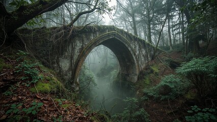 An old stone bridge covered in moss in a misty forest with dense foliage and a foggy river below