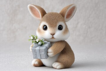 Adorable Baby Bunny Holding a Gift Present Cute Easter Rabbit with Flowers Soft Fur 3D Render
