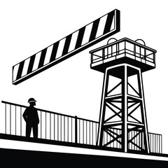 Black and White Illustration of a Tower Bridge with Railing and a Figure Wearing a Hardhat