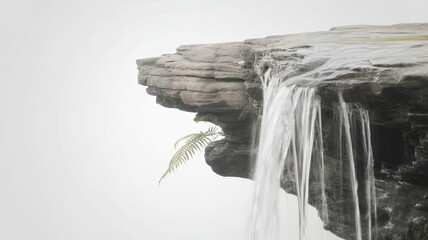 Delicate fern growing on a rocky cliff edge with a waterfall