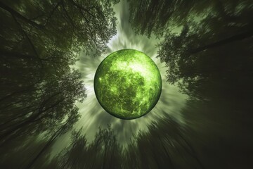 Green moon hovers above tall trees in a mystical forest landscape during nighttime, Green Moon Above Trees Moving POV