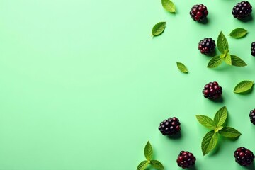 A vibrant arrangement of fresh blackberries and aromatic mint leaves on a light green background provides a refreshing visual