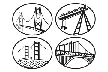 Four Black and White Icon Designs Featuring Bridge and Crane Illustrations