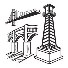 Iconic Landmarks A Black and White Architectural Exploration of Bridges and a Lighthouse