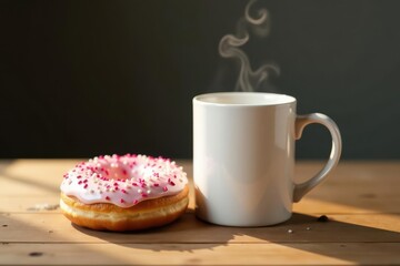 A delightful pink-frosted donut with sprinkles sits beside a steaming mug on a sunlit wooden surface