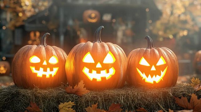Glowing carved pumpkin lanterns on hay with autumn leaves create spooky Halloween night atmosphere in cozy outdoor fall setting