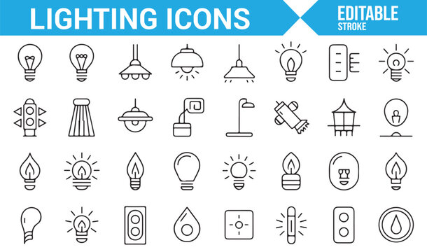 Set of Light Bulb, Lamp, and Lighting Icons for Home, Street, and Decorative Lighting