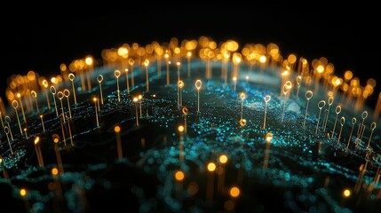 Globe with Connectivity Icon World map with location pins and network connections, dark background, represents global positioning and navigation