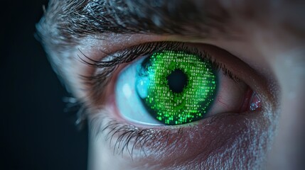 Eye Data Visualization Eye with binary code and digital information overlay, dark background, focus on cybersecurity and data security