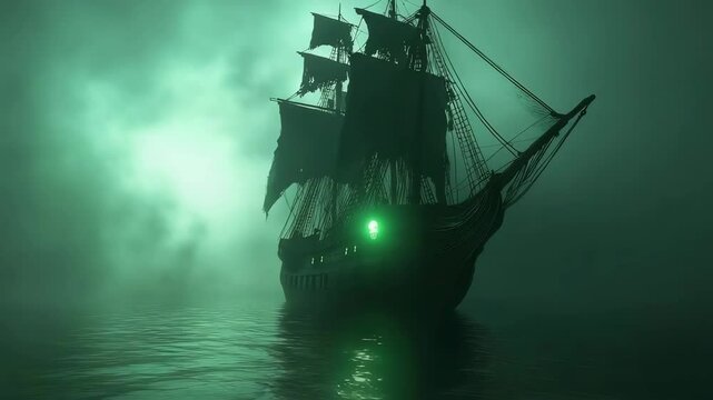 Ghost halloween ship sails through eerie green fog with glowing light on dark water creating spooky mysterious silhouette atmosphere