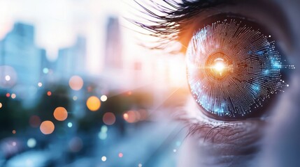 Eye Surveillance and Security Cityscape reflected in an eye, surveillance cameras and digital grids overlaid, focus on urban surveillance and monitoring