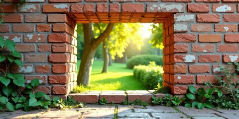 Brick Wall Frame Showcases Serene Park Landscape with Lush Greenery and Sunlit Meadow