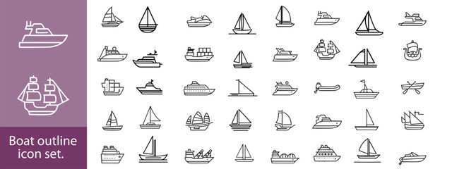 Naklejka premium boat icon design set,Ship and Boat Icons. Contains such icons as Contains such icons as yacht, cruise, cargo shipping, ferry, schooner, water scooter,Boat outline icon set.