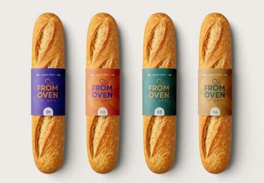 Baguette Label Mockup Set &ndash; Four Sleeve Designs for Bakery Branding and Artisan Bread Packaging