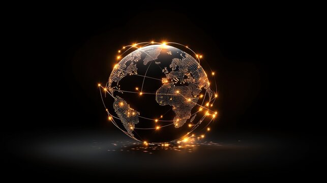 globe Global Business and Economy 3D globe with glowing lines representing trade routes and financial flows, dark background, visualizes global business connections - Powered by Adobe