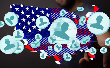 Obraz premium Visual representation of social connections across the United States. Network, community, USA.